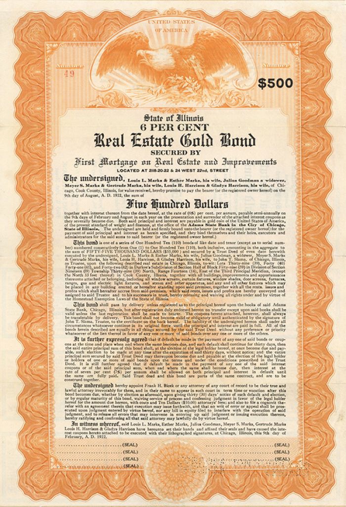 Real Estate Gold Bond - $500 Specimen Bond