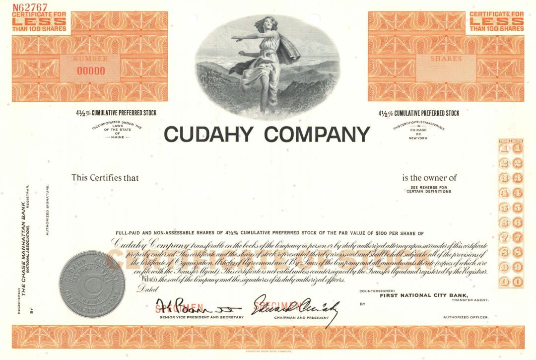 Cudahy Co. - Specimen Stock Certificate - Cudahy Packing Company