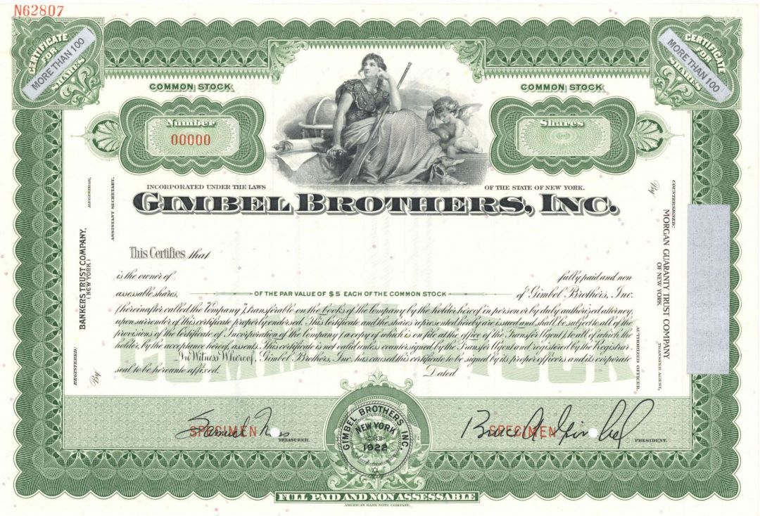 Gimbel Brothers, Inc. - Specimen Stock Certificate