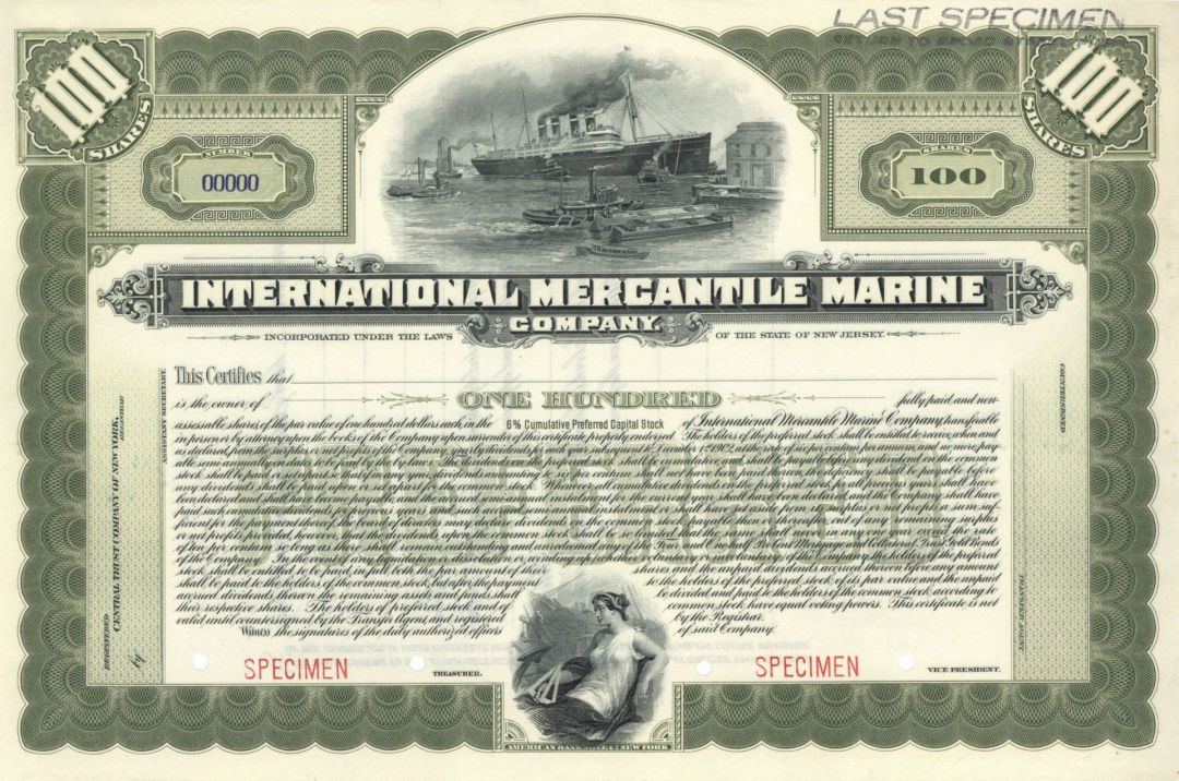 International Mercantile Marine Co. - Specimen Stock Certificate - Titanic History