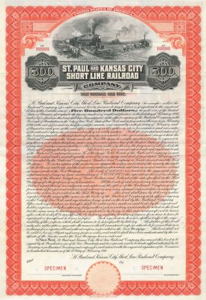 St. Paul and Kansas City Short Line Railroad Co. - Red or Purple Are Left - 1911 dated Specimen Railway Gold Bond - Specify Color when Ordering
