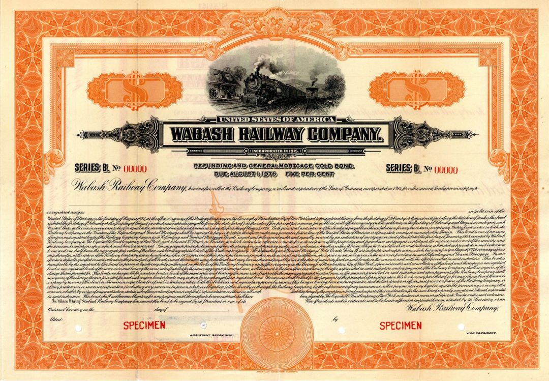 Wabash Railway Co. - Railroad Specimen Bond