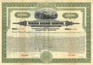 Wabash Railway Co. - $1,000 Olive Speciman Railroad Bond - Some Splits at Folds