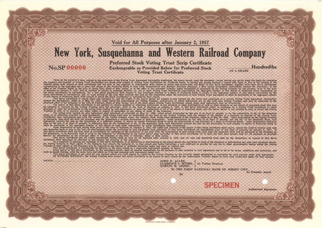 New York, Susquehanna and Western Railroad Co. -  Specimen Stock