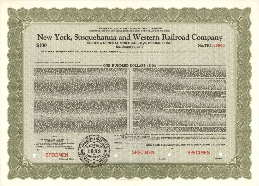 New York, Susquehanna and Western Railroad Co. -  $100 Specimen Bond