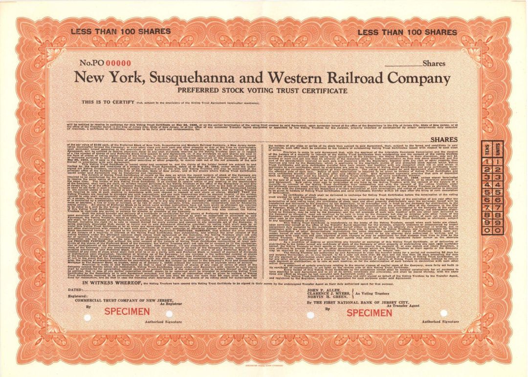 New York, Susquehanna and Western Railroad Co. -  $100 Specimen Bond