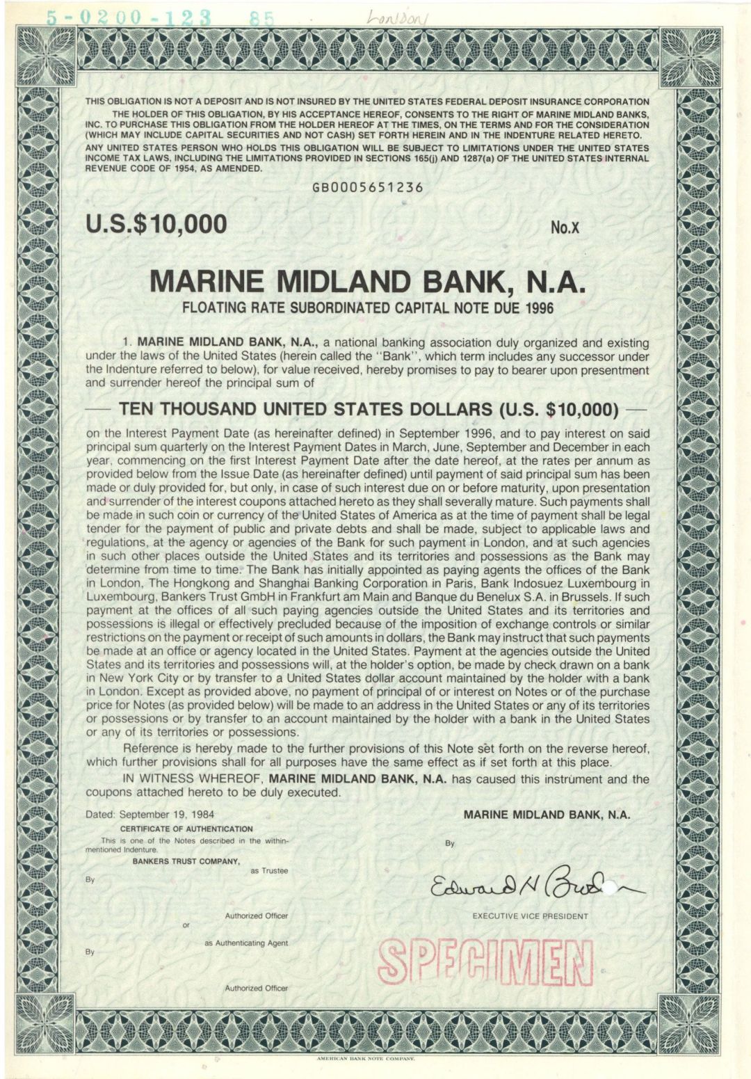 Marine Midland Bank, N.A. - $10,000 - Specimen Stocks and Bonds