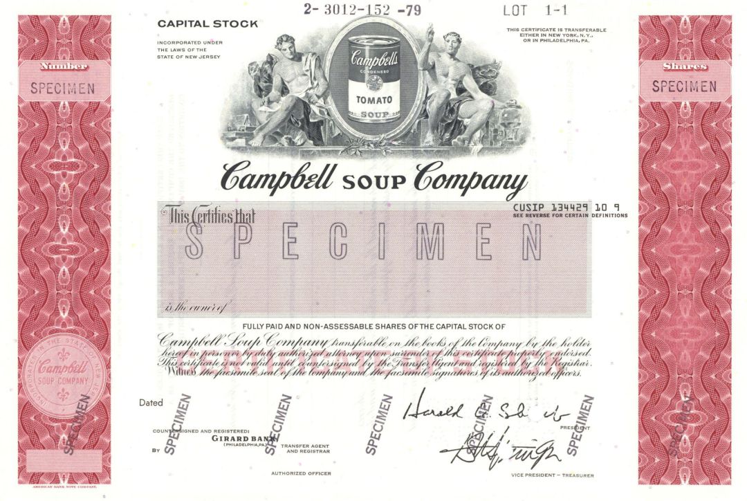 Campbell Soup Company - Famous Can Vignette - Specimen Stock Certificate