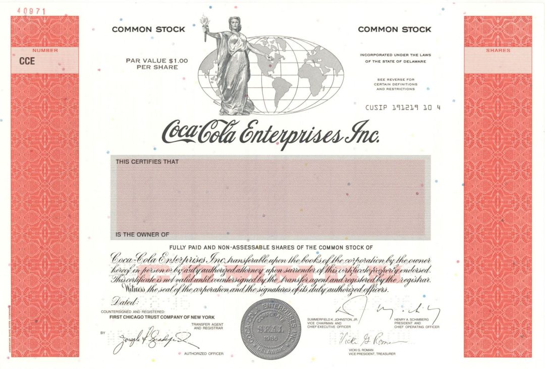 Coca-Cola Enterprises Inc. - Specimen Stocks and Bonds