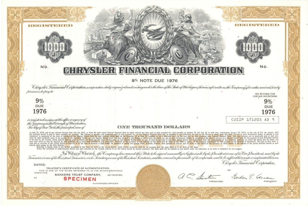 Chrysler Financial Corp. - Famous Automotive Co. Specimen Bond - $1,000