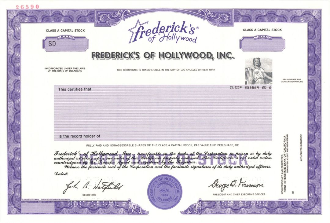 Frederick's of Hollywood, Inc. - Specimen Stocks and Bonds