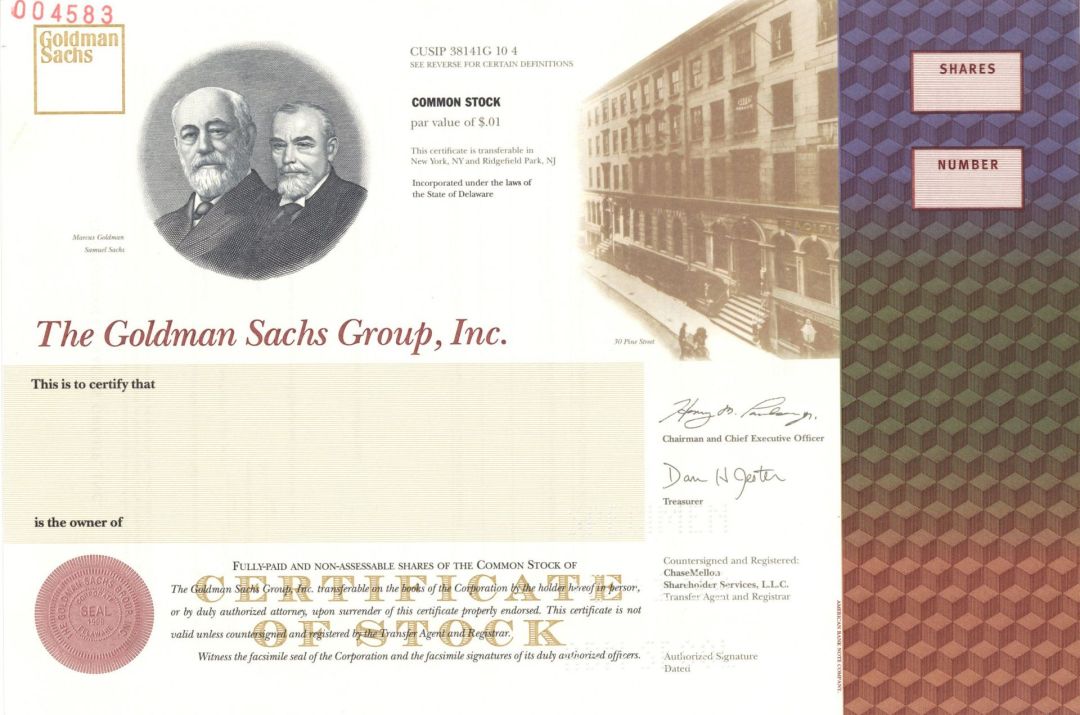 Goldman Sachs Group, Inc. - Vignette of Marcus Goldman & Samuel Sachs - 1999 dated Specimen Stock Certificate - Fantastic Design