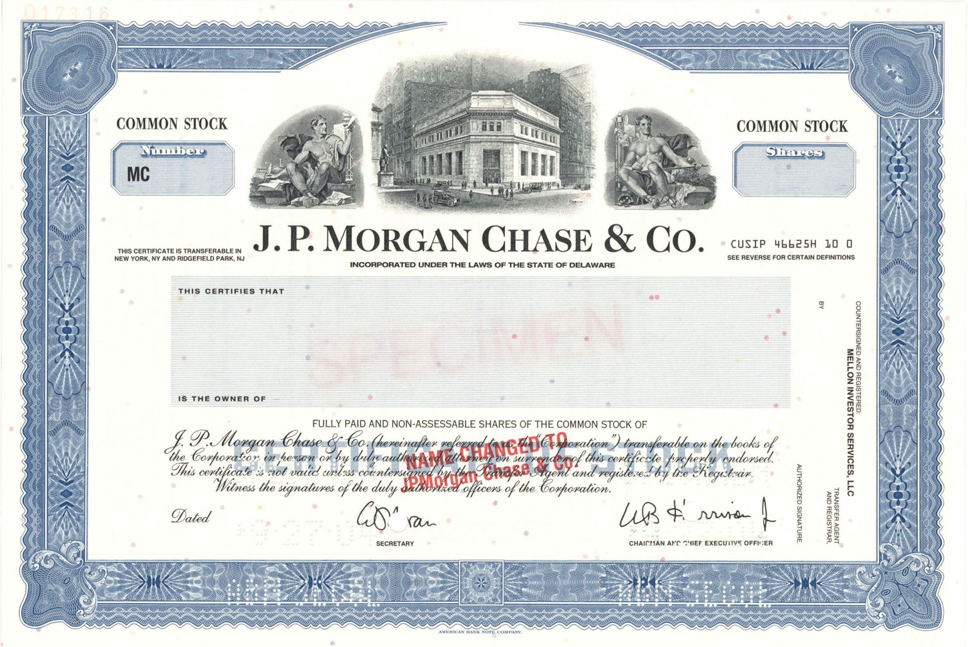 J.P. Morgan Chase and Co. - Specimen Stock Certificate