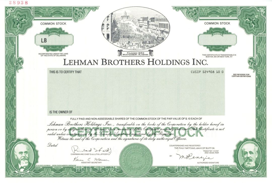 Lehman Brothers Holdings Inc. - 1994 dated Specimen Stock Certificate - Green Type