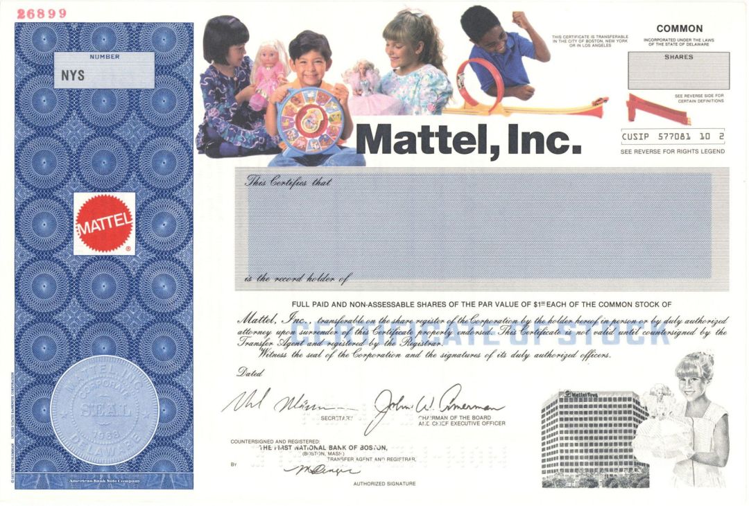 Mattel, Inc. - Specimen Stocks and Bonds