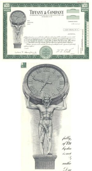 Tiffany and Co. - 1977 dated Green Specimen Stock Certificate - American Luxury Jewelry and Specialty Design Company - Tiffany & Co.