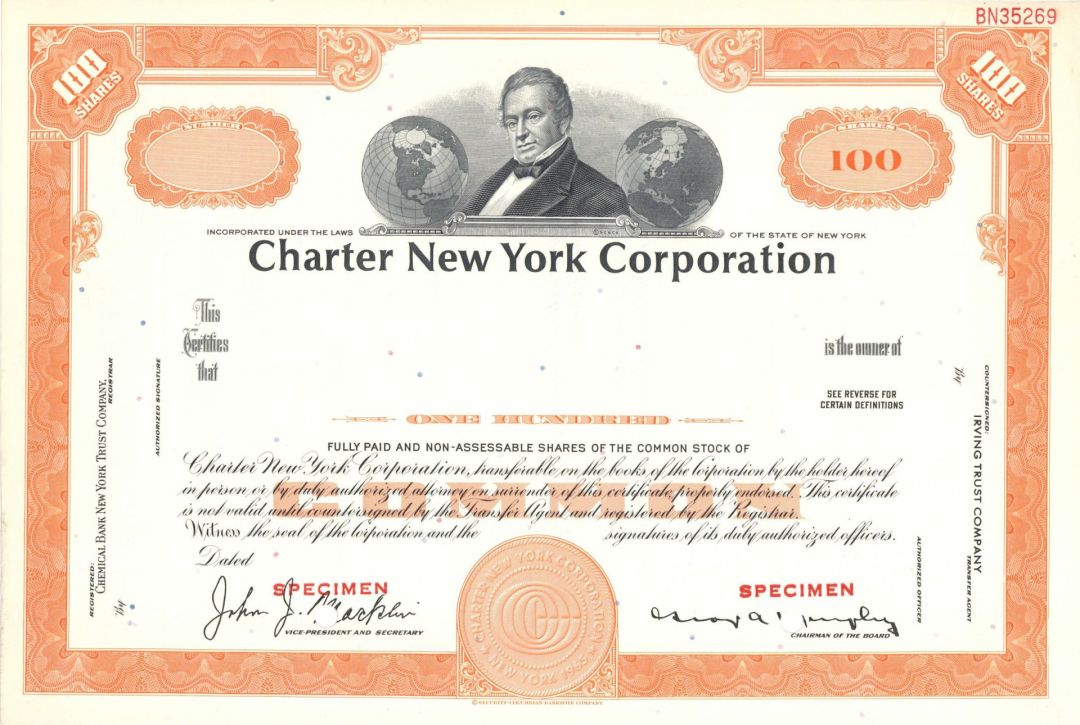 Charter New York Corp. - Washington Irving Vignette - circa 1960's Specimen Stock Certificate