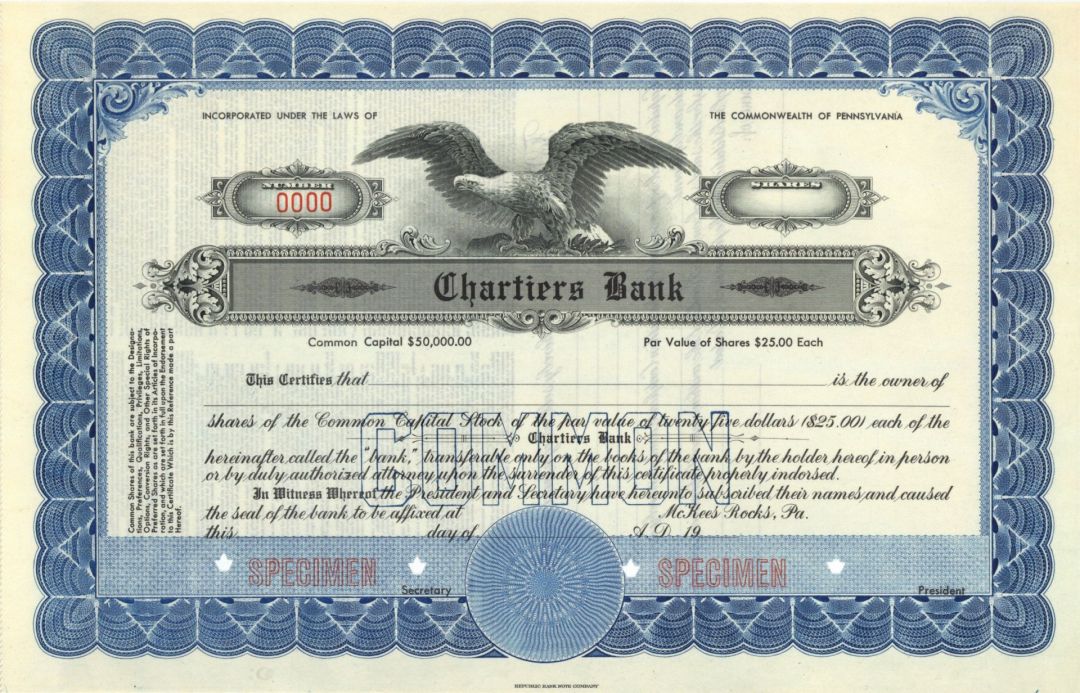 Chartiers Bank - Specimen Stock Certificate