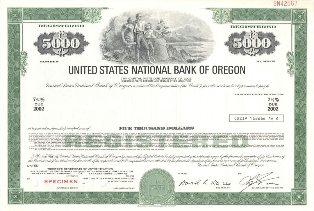 United States National Bank of Oregon - $5,000 Specimen Bond