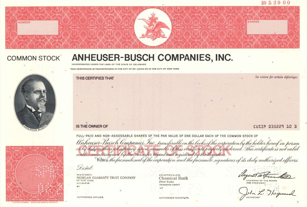 Anheuser-Busch Companies, Inc. - Specimen Stock Certificate - Vignette of Adolphus Busch