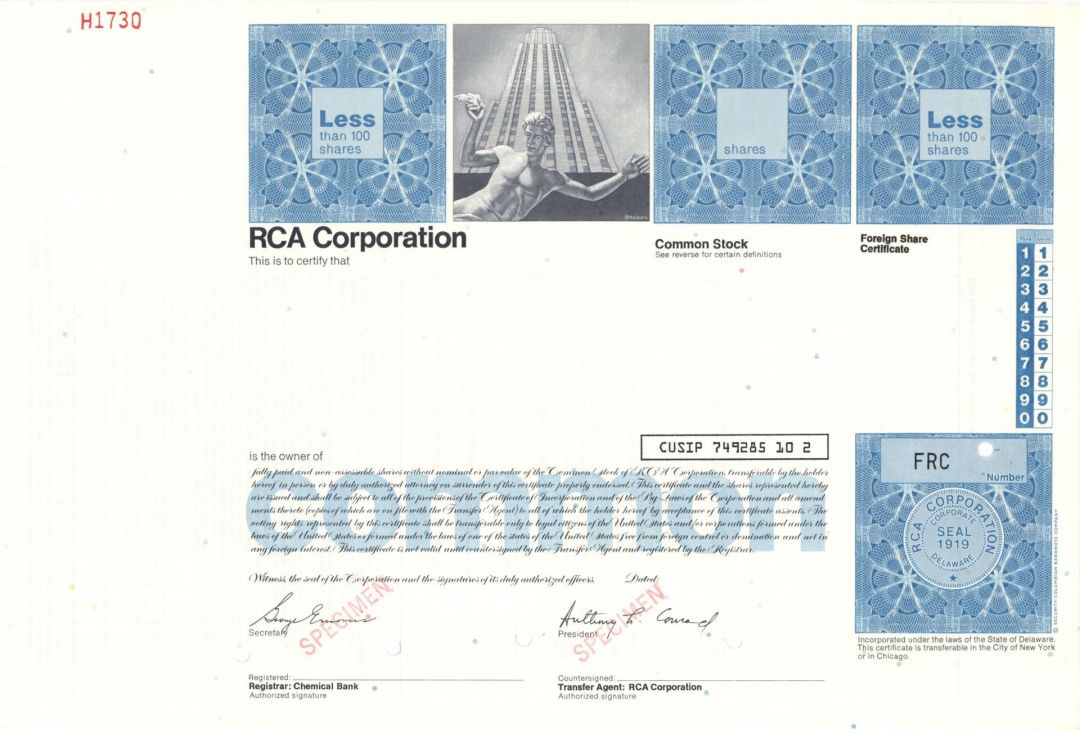RCA Corporation - Specimen Stock Certificate