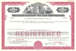 Twentieth Century-Fox Film Corp. - circa 1970's Specimen $1,000 Dark Pink Registered Bond