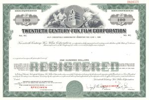 Twentieth Century-Fox Film Corp. - circa 1970's Specimen $100 Green Registered Bond