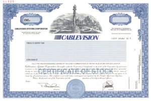 Cablevision - HBO Fame - 2000 dated Specimen Stock Certificate - Founded by Charles Dolan - Statue of Liberty Vignette - New York, NY & Ridgefield Park, NJ