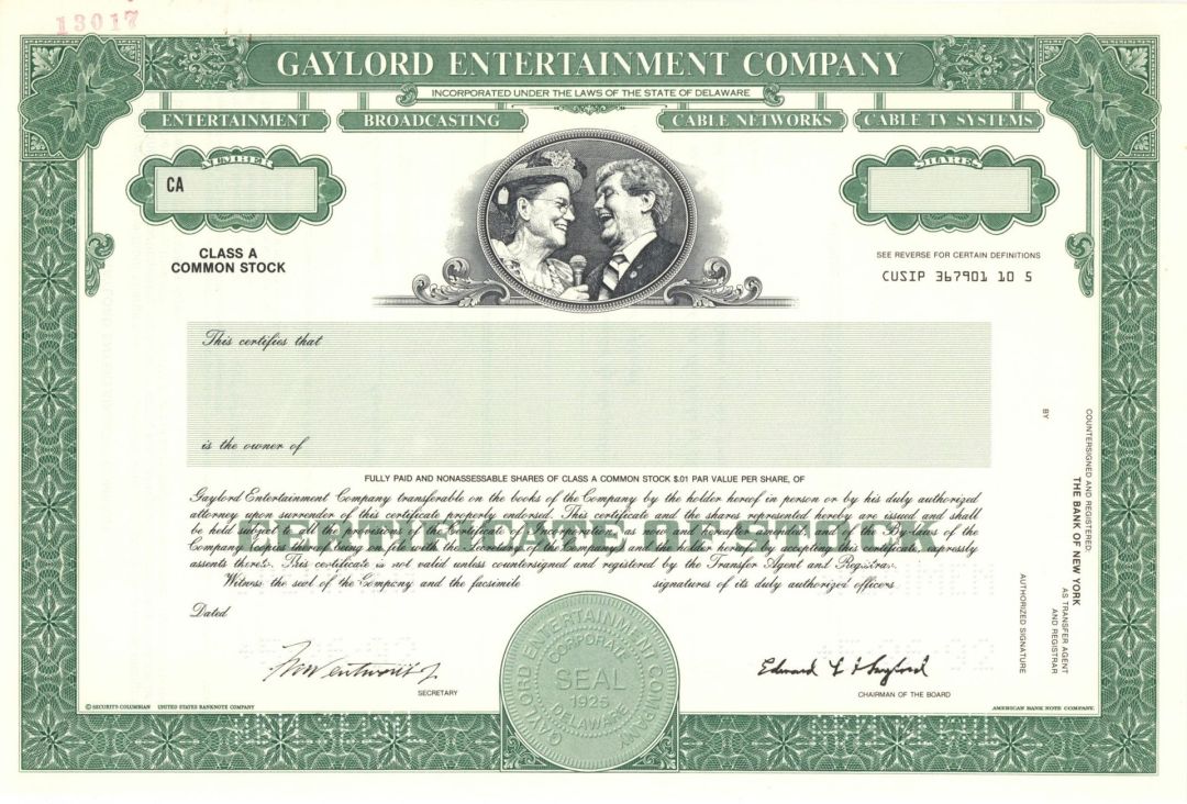 Gaylord Entertainment Co. - Specimen Stock Certificate