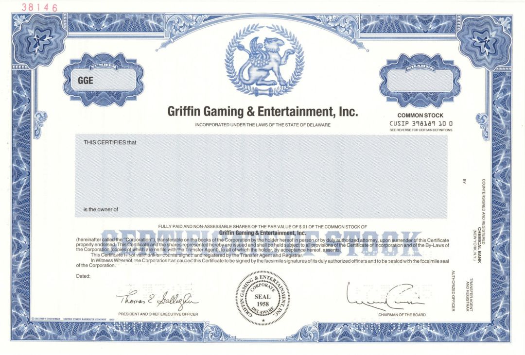 Griffin Gaming and Entertainment Inc. - Specimen Stock Certificate