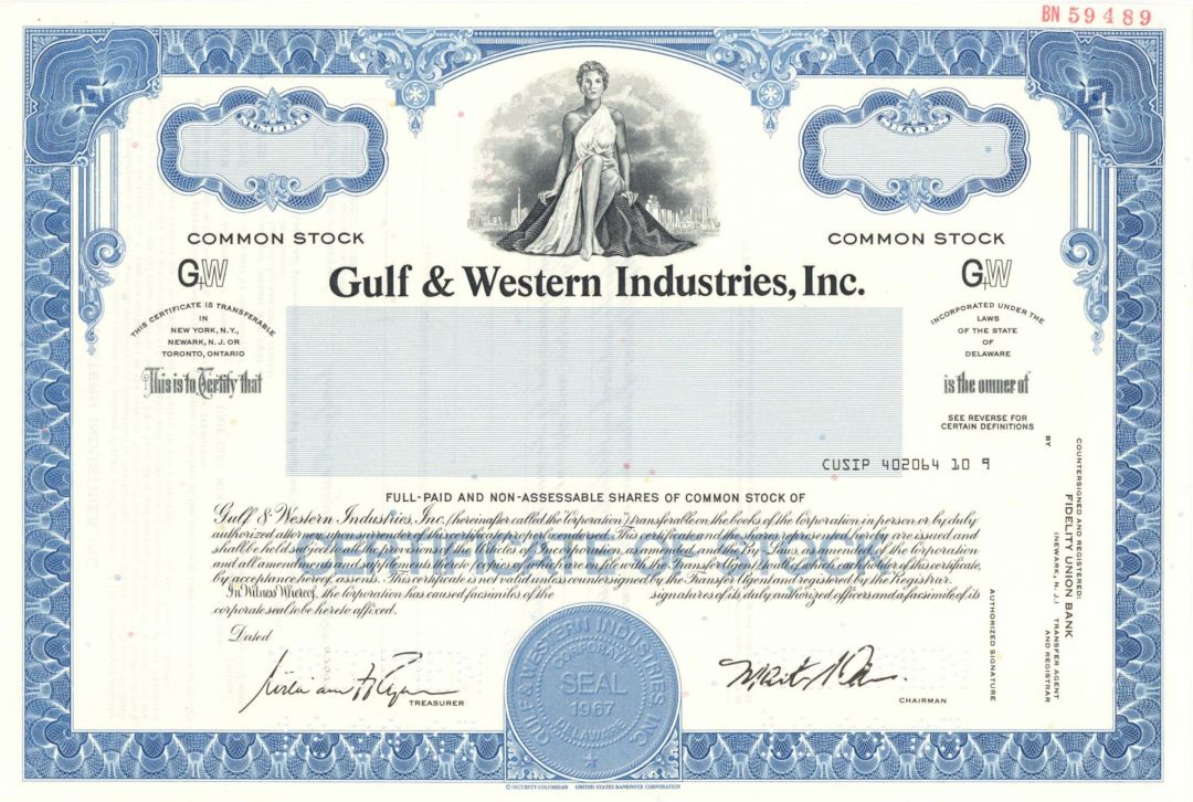 Gulf and Western Industries Inc. - Specimen Stock Certificate