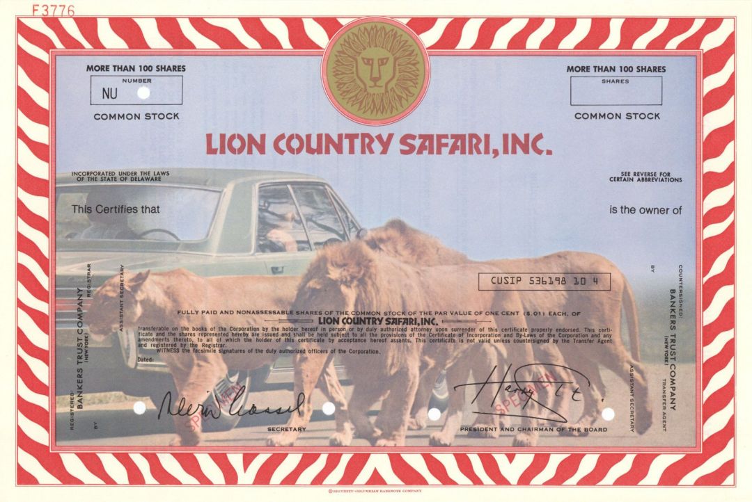 Lion Country Safari, Inc. - Specimen Stock Certificate