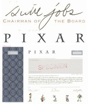 Pixar Specimen Stock Certificate - Steve Jobs Signature Printed - 2005 dated Specimen Stock