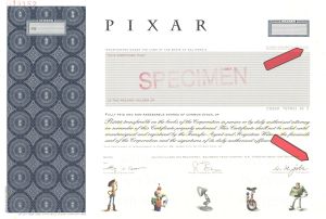 PIXAR - Steve Jobs Signature Printed - Extremely Light Stain Dots at Right of Certificate - Actual Piece Shown - 2005 dated Specimen Stock Certificate - Depicts Woody, Buzz Lightyear, Red the Unicycle, Tinny & Luxo Jr. - Extremely Rare