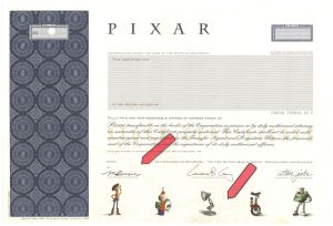 PIXAR - Steve Jobs Signature Printed - Water Staining at Bottom of Certificate - 2005 dated Specimen Stock Certificate - Depicts Woody, Buzz Lightyear, Red the Unicycle, Tinny & Luxo Jr. - Extremely Rare