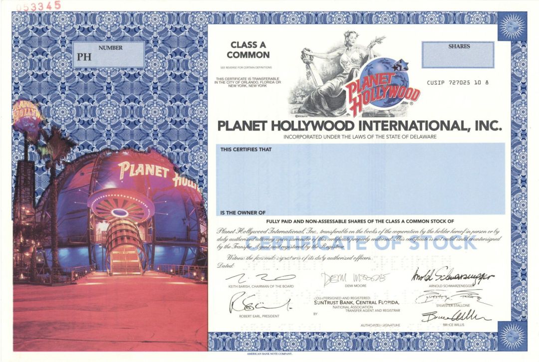 Planet Hollywood International, Inc. - 1990's dated Specimen Stock Certificate - Very Graphic - Facsimile Signatures of Demi Moore, Bruce Willis, Arnold Schwarzenegger and Sylvester Stallone