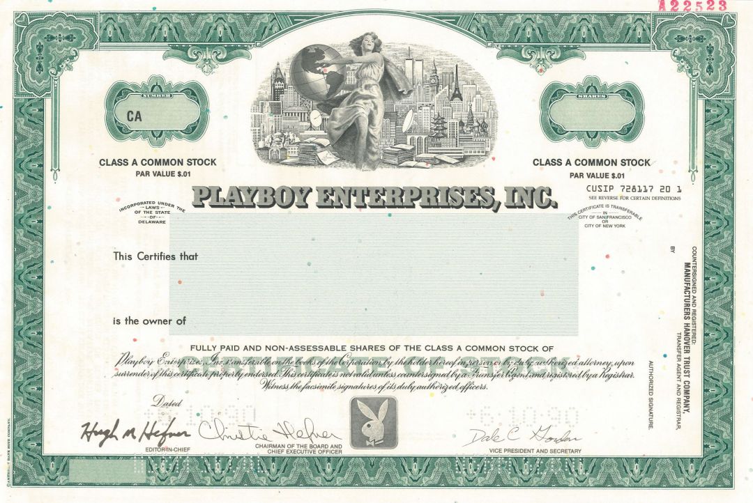 Playboy Enterprises, Inc. - 1990 dated Specimen Stock Certificate - Rare Green Type