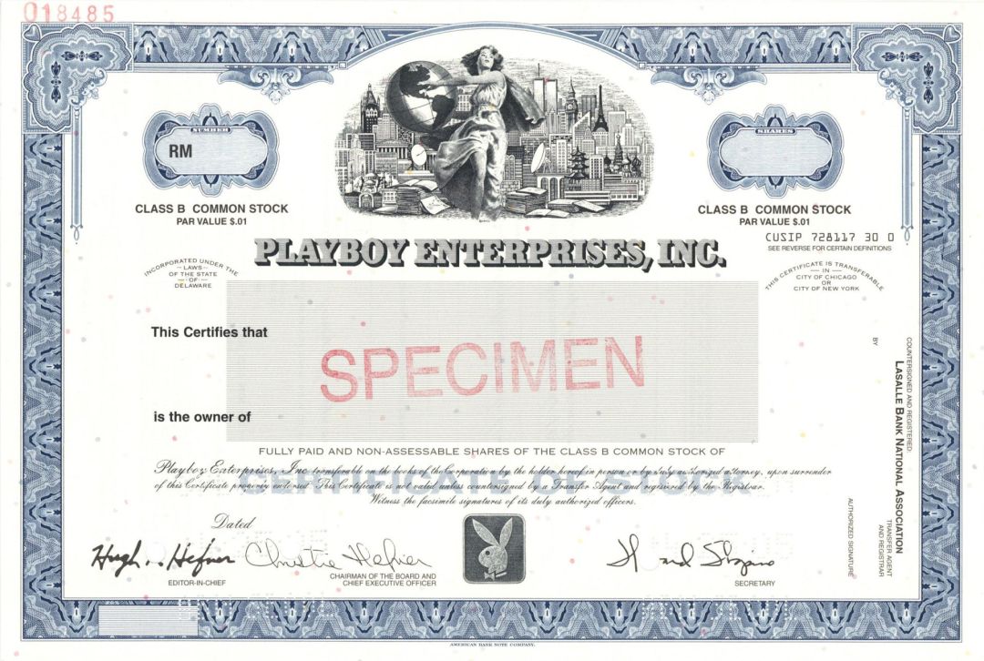 Playboy Enterprises, Inc. - 2005 dated Specimen Stock Certificate - Blue or Green - Please Specify Color