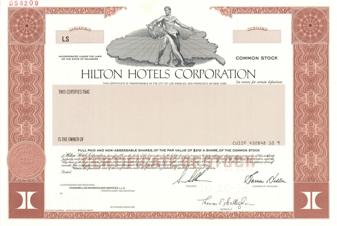 Hilton Hotels Corporation - Specimen Stock Certificate - Very Rare