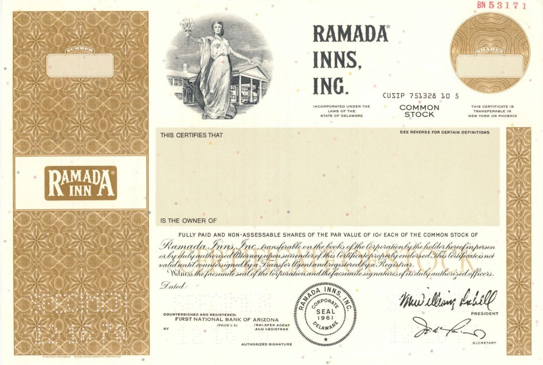 Ramada Inns, Inc. - Specimen Stock Certificate - Famous Hotel Chain