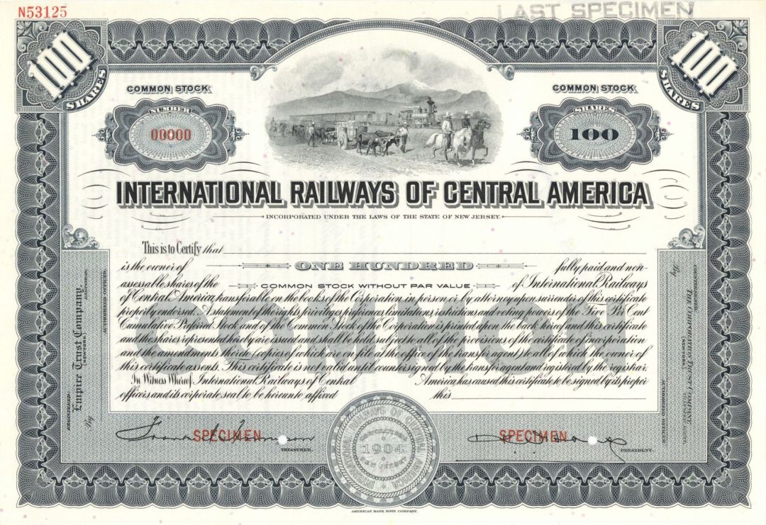 International Railways of Central America - Specimen Stock Certificate - Very Popular - Beautiful Vignette