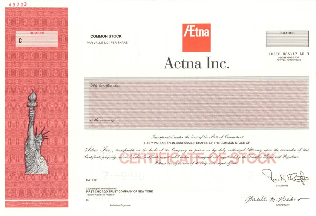 Aetna Inc. - 1996 dated Specimen Stock Certificate - Managing Health Care Company