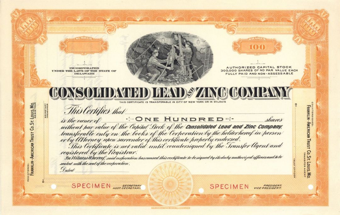 Consolidated Lead and Zinc Co. - Specimen Stock Certificate