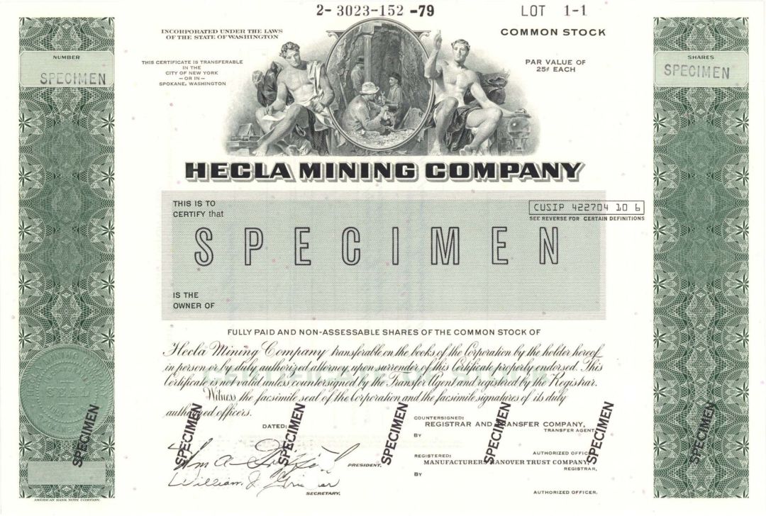 Hecla Mining Co. - circa 1960's-70's  Specimen Stock Certificate