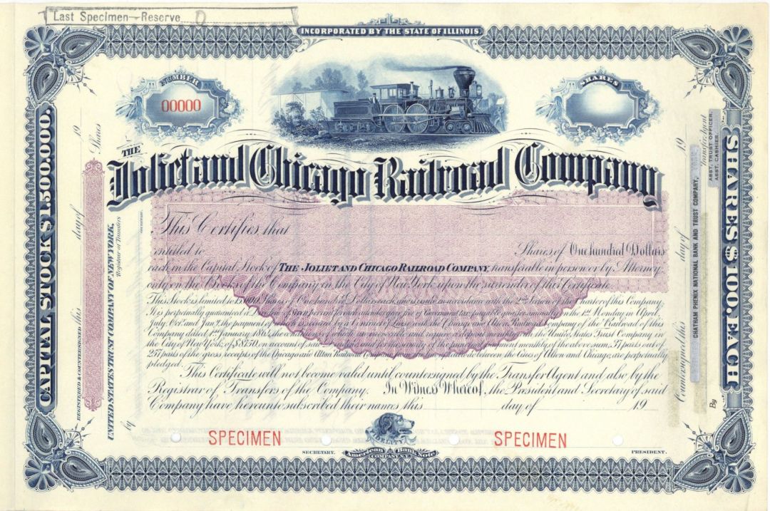 Joliet and Chicago Railroad Co. - Specimen Stock Certificate