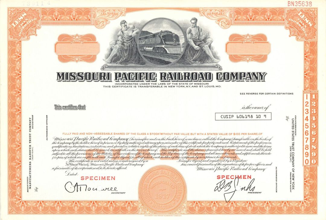 Missouri Pacific Railroad Co. - Specimen Stock Certificate