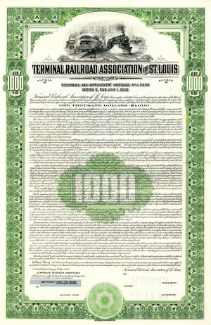 Terminal Railroad Association of St. Louis - 1944 dated Specimen $1,000 Bond