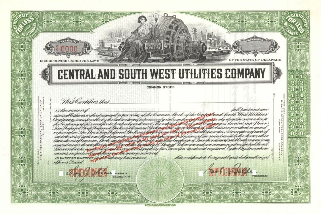 Central and South West Utilities Co. - Specimen Stock Certificate