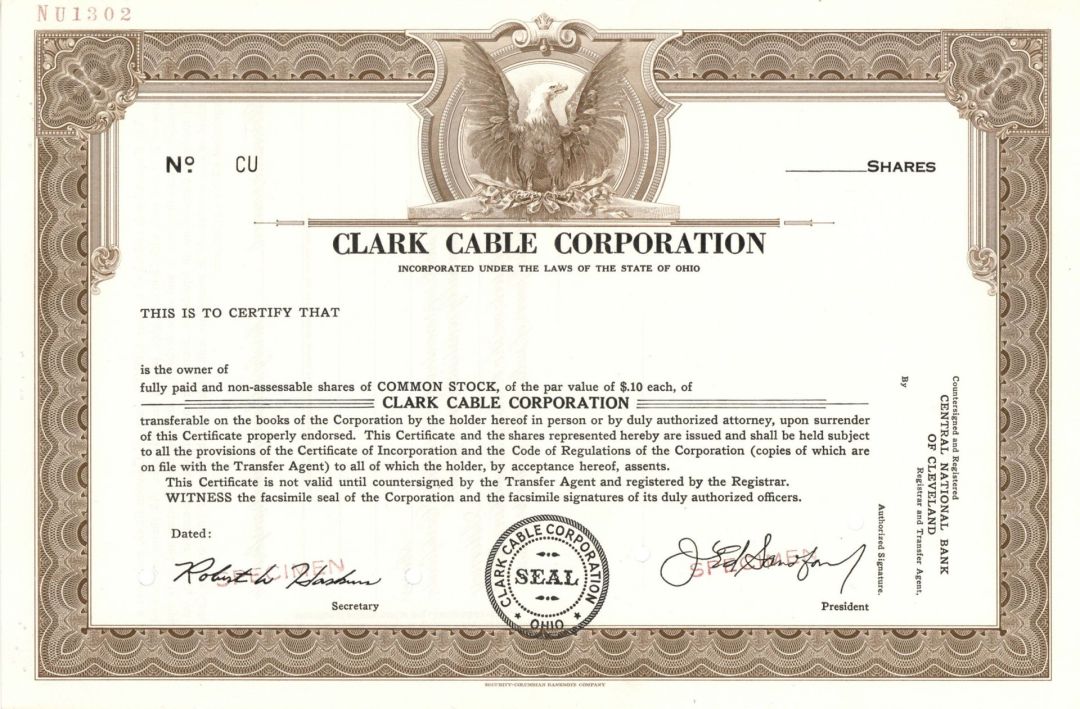 Clark Cable Corp. - Specimen Stock Certificate