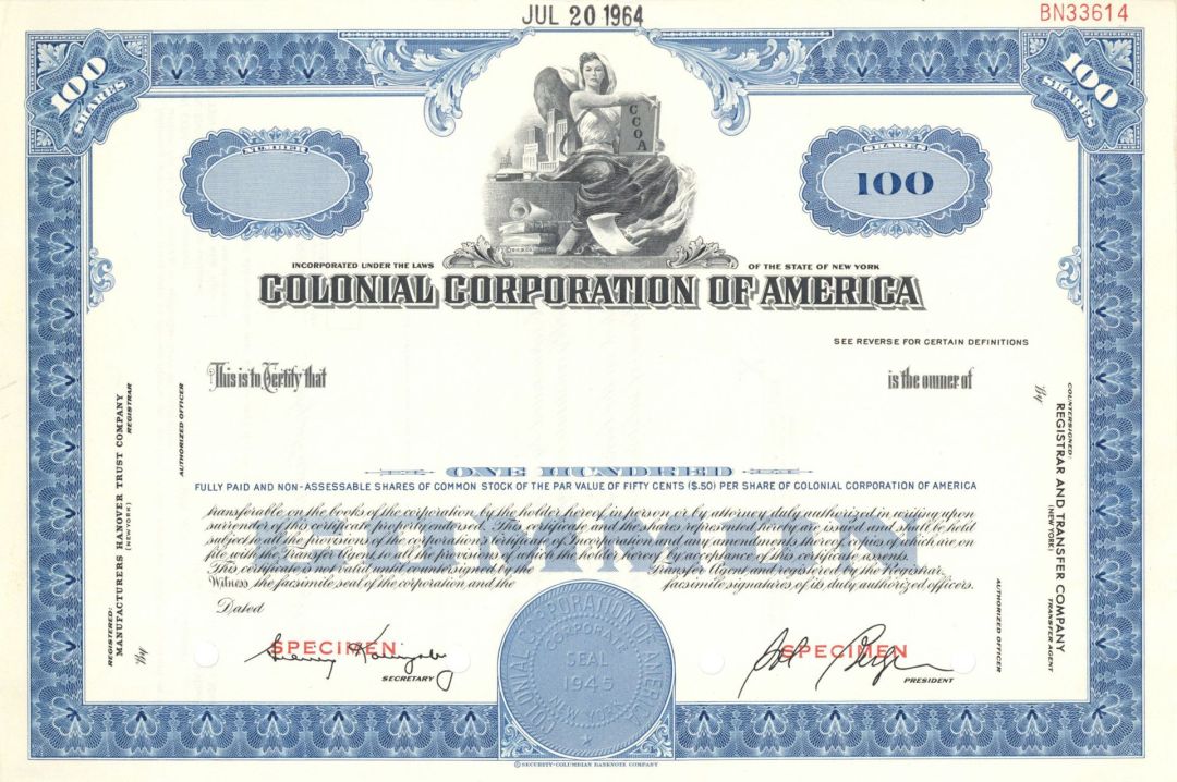 Colonial Corporation of America - Specimen Stock Certificate